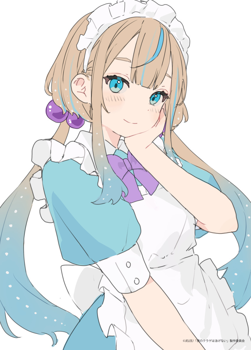 1girl absurdres apron aqua_dress aqua_hair blue_eyes blush bow bowtie brown_hair closed_mouth commentary_request dress gradient_hair hair_bobbles hair_ornament hamunezuko_(nezukonezu32) hand_on_own_cheek hand_on_own_face highres jelee-chan long_hair looking_at_viewer low_twintails maid maid_apron maid_headdress multicolored_hair puffy_nipples purple_bow purple_bowtie simple_background smile solo streaked_hair twintails umituki_yoru upper_body white_background white_headdress yoru_no_kurage_wa_oyogenai