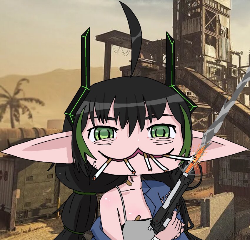 2024 :3 ahoge bandaid bandaid_on_chest bandaid_on_neck black_hair blue_jacket building chest_blush cigarette elfinpsyop fire flamethrower green_eyes grey_shirt gun highres holding holding_gun holding_weapon horns indie_virtual_youtuber jacket joeychimney long_hair mechanical_horns no_nose pointy_ears shirt shuolder_blush spaghetti_strap standing tired_eyes tree weapon