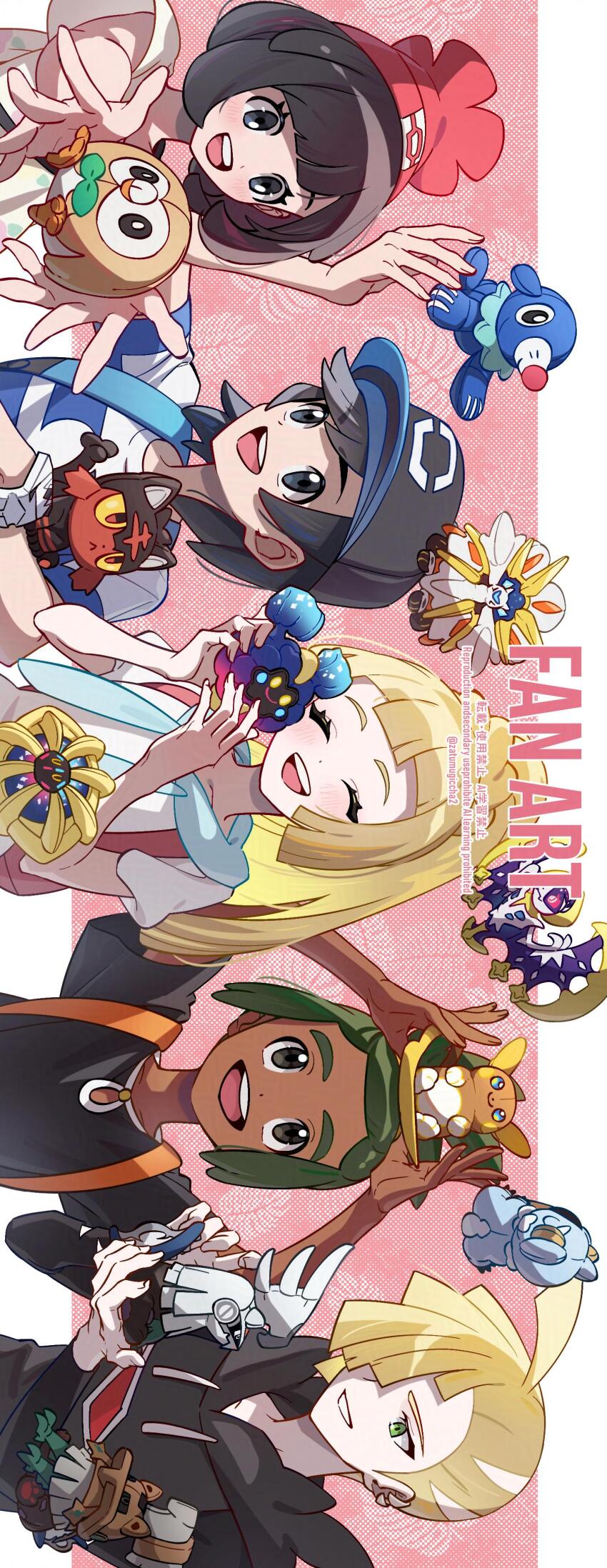 2girls 3boys :d absurdres alolan_form alolan_raichu arms_up backpack bag beanie black_hair black_shirt blonde_hair character_doll commentary cosmoem dark-skinned_male dark_skin doll elio_(pokemon) eyelashes gen_7_pokemon gladion_(pokemon) green_eyes green_hair grey_eyes grin happy hat hau_(pokemon) highres holding holding_doll hood hood_down hooded_vest hoodie komala legendary_pokemon lillie_(pokemon) litten looking_up lunala mugiccha2 multiple_boys multiple_girls nintendo open_mouth pink_bag pokemon pokemon_sm popplio rowlet selene_(pokemon) shirt short_sleeves silvally smile solgaleo striped_clothes striped_shirt teeth type:_null upper_teeth_only vest white_shirt