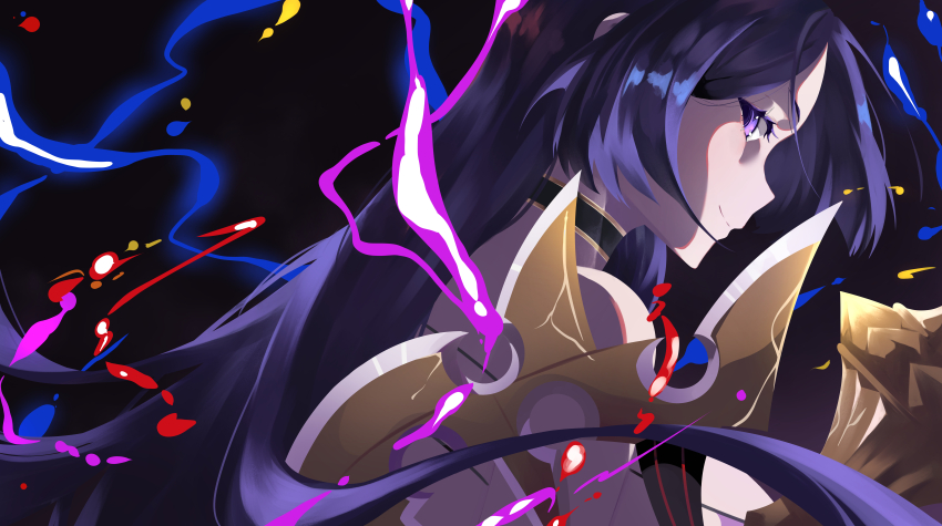 1girl absurdres bikini choker fate/grand_order fate_(series) highres lightning long_hair mature_female minamoto_no_raikou_(fate) minamoto_no_raikou_(fate/grand_order) minamoto_no_raikou_(swimsuit_lancer)_(fate) purple_eyes purple_hair simple_background slob_slime solo swimsuit weapon
