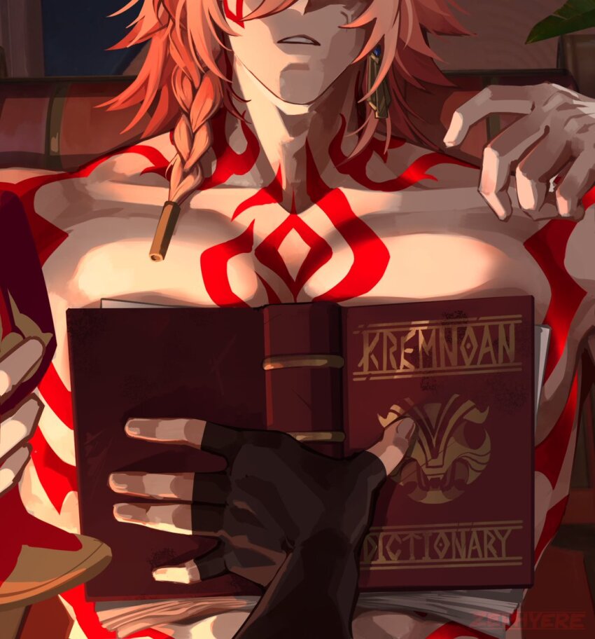 1boy anger_vein bara black_gloves boobs_in_book_(meme) book braid chest_tattoo commentary earrings english_commentary fingerless_gloves gloves highres holding holding_book honkai:_star_rail honkai_(series) jewelry male_focus meme muscular muscular_male mydei_(honkai:_star_rail) open_book pectorals phainon_(honkai:_star_rail) red_tattoo tattoo topless_male zephyere