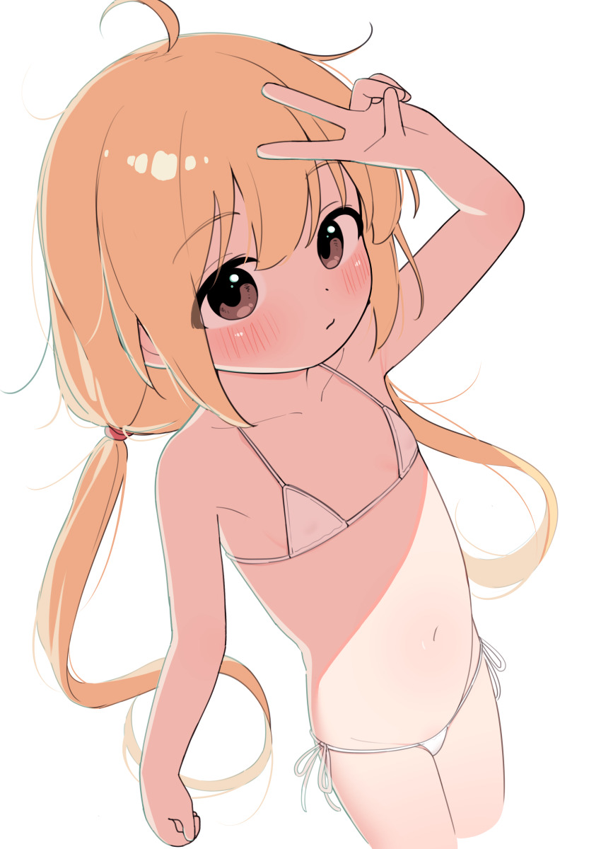 1girl absurdres bikini blonde_hair blush brown_eyes closed_mouth commentary_request cowboy_shot flat_chest futaba_anzu highres idolmaster idolmaster_cinderella_girls loli long_hair low_twintails matanukinuki navel side-tie_bikini_bottom simple_background solo string_bikini swimsuit twintails v very_long_hair white_background white_bikini