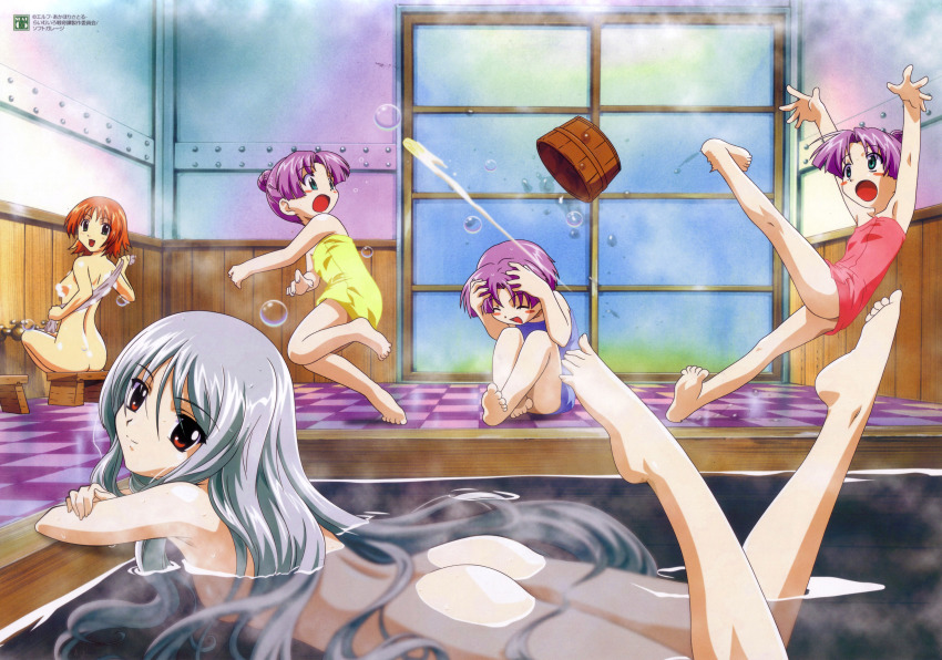 5girls :d absurdres aqua_eyes ass back barefoot bath bathhouse bathing blush_stickers bubble convenient_censoring crossed_arms dorsiflexion feet from_side green_eyes highres koushi_(lime-iro_senkitan) kuki-sama legs_up lime-iro_senkitan long_hair looking_at_viewer lying multiple_girls naked_towel nude official_art on_stomach open_mouth orange_hair oushi_(lime-iro_senkitan) partially_submerged plantar_flexion purple_hair red_eyes sanada_momen scan silver_hair slipping smile soap soap_bubbles soap_censor soushi the_pose toes towel washing_back wet wet_hair
