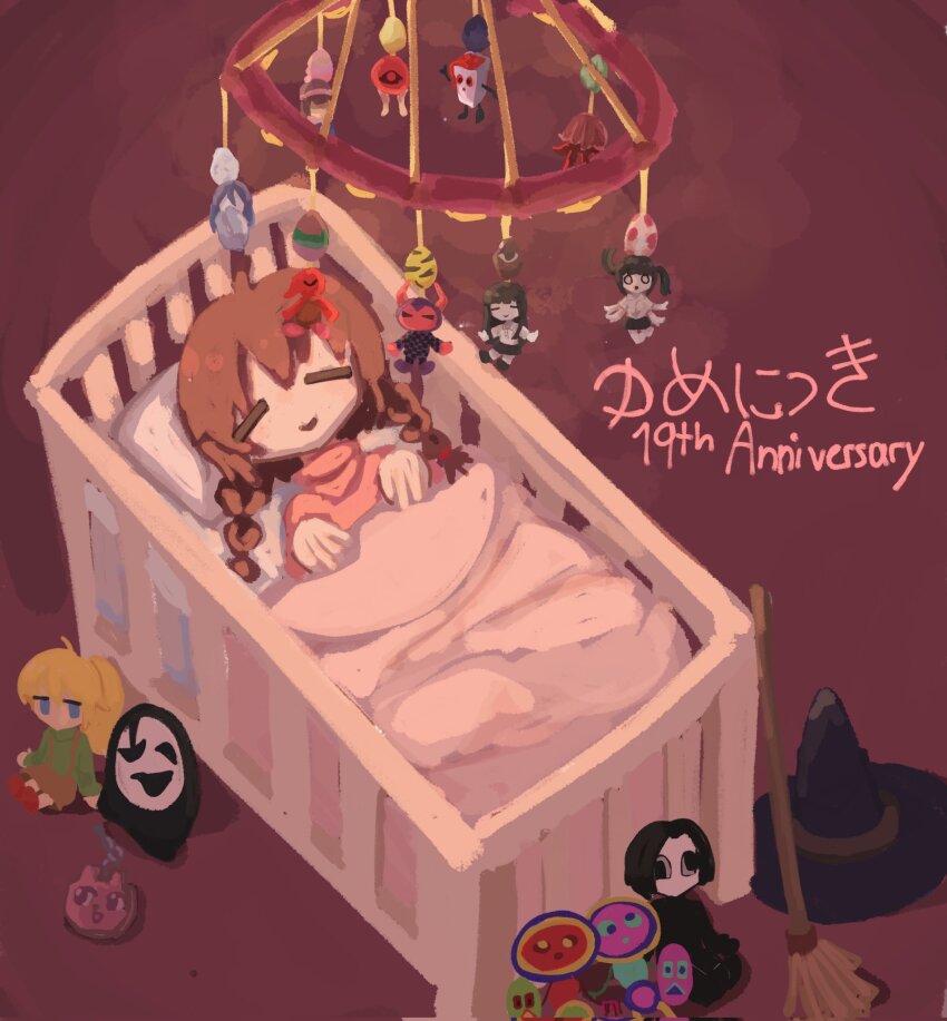 1boy 6+girls 6_9 ahoge bed black_eyes black_footwear black_hair black_skirt blanket blonde_hair blue_eyes braid broom character_doll checkered_clothes closed_eyes closed_mouth collared_shirt copyright_name covering_own_mouth covering_with_blanket crib demon_horns doll egg empty_eyes english_text extra_arms eye_person_(yume_nikki) faceless faceless_female fc_demon from_above green_sweater hair_between_eyes hand_up hands_up hanging hat highres holding holding_blanket horns isometric jitome kamakurako long_hair long_sleeves looking_to_the_side lying madotsuki mobile monoe monoko multiple_girls nasu_(yume_nikki) nekoin no_mouth no_nose on_back pale_skin pillow pink_sweater pleated_skirt poniko ponytail purple_footwear red_background red_footwear renami sekomumasada_sensei shirt shoes short_hair short_sleeves sitting skirt sleeping smile suspender_skirt suspenders sweater tokuto-kun turtleneck turtleneck_sweater twin_braids twintails uboa under_covers wheelie_(yume_nikki) white_shirt witch_hat yuki_onna_(yume_nikki) yume_nikki