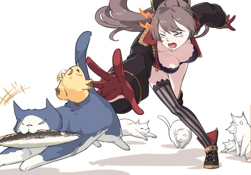 &gt;_&lt; 1girl aiguillette animal asymmetrical_footwear azur_lane bird black_jacket boots bow breasts brown_hair cat cleavage cropped_jacket fish gloves gold_trim hair_bow half_gloves hatski.sin highres jacket jean_bart_(azur_lane) long_hair long_sleeves manjuu_(azur_lane) medium_breasts mismatched_footwear one_eye_closed open_mouth ponytail red_gloves running shadow shoes short_shorts shorts sidelocks simple_background single_thighhigh sleeve_cuffs striped_clothes striped_thighhighs thighhighs thighs vertical-striped_clothes vertical-striped_thighhighs white_background