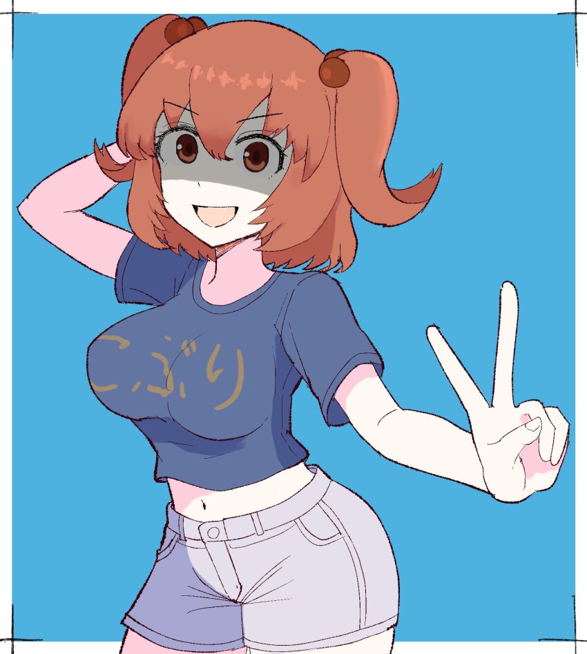 1girl agamonoplant arm_behind_head blue_background blue_shirt breasts brown_eyes brown_hair commentary_request cookie_(touhou) cowboy_shot grey_shorts hair_bobbles hair_ornament highres impossible_clothes impossible_shirt large_breasts long_hair looking_at_viewer midriff navel onozuka_komachi open_mouth shaded_face shirt shishou_(cookie) short_hair shorts simple_background smile solo t-shirt touhou two-tone_background v-shaped_eyebrows very_long_hair white_background