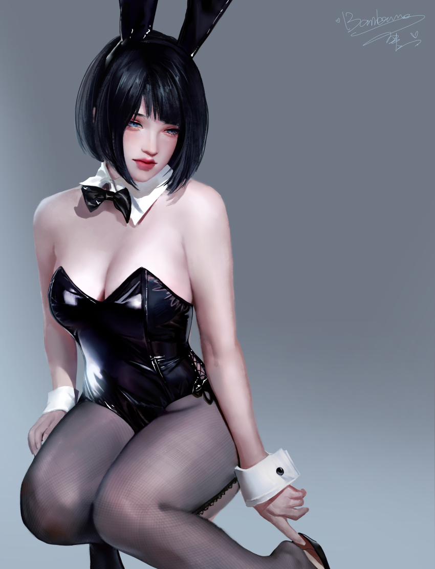 1girl absurdres animal_ear_hairband animal_ears banbanko_(artist) bare_shoulders black_bow black_bowtie black_hair black_shoes blue_eyes bow bowtie breasts cleavage closed_mouth cross-laced_clothes cross-laced_leotard detached_collar fake_animal_ears grey_background hairband highres leotard lips original pantyhose photo-referenced playboy_bunny rabbit_ear_hairband rabbit_ears shadow shoes signature solo strapless strapless_leotard white_wrist_cuffs wrist_cuffs