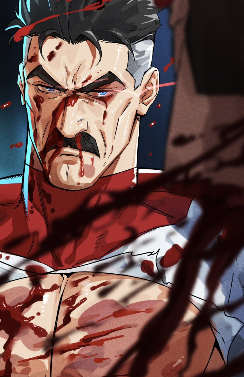 1boy black_hair blood blood_on_clothes bloodshot_eyes blue_eyes blurry blurry_foreground bodysuit bruise bruise_on_chest commentary_request facial_hair flaming_eyes frown furrowed_brow grey_hair highres injury invincible_(series) male_focus multicolored_hair mustache omni-man pov serious severed_head solo superhero_costume tobo_katsuo torn_bodysuit torn_clothes turtleneck two-tone_hair
