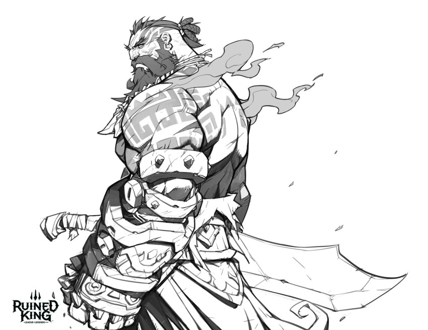 1boy arm_at_side beard closed_mouth copyright_name cowboy_shot earrings facial_hair from_side gangplank_(league_of_legends) gauntlets grey_background greyscale hicham_habchi highres holding jewelry league_of_legends monochrome mustache official_alternate_costume official_art ruined_king:_a_league_of_legends_story short_hair shoulder_tattoo simple_background solo sword tattoo weapon white_background
