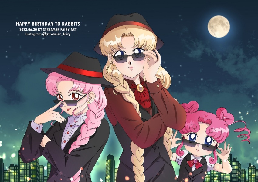 3girls ascot bishoujo_senshi_sailor_moon bishoujo_senshi_sailor_moon_stars blonde_hair blue_eyes bow bowtie braid chibi_chibi chibi_usa crescent crescent_earrings double_bun earrings fedora formal_clothes hair_bun hat heart_hair_bun heart_wand jewelry koya long_hair multiple_girls parted_bangs pink_hair red_eyes red_hair smile suit sunglasses tsukino_usagi twin_braids twintails very_long_hair