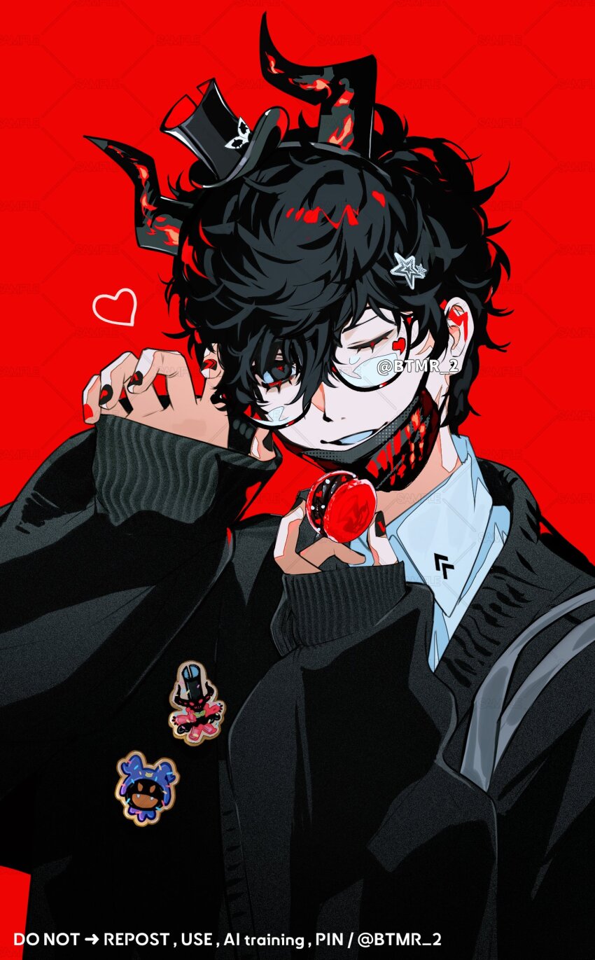 1boy amamiya_ren arsene_(persona_5) black-framed_eyewear black_cardigan black_frost black_hair black_hat btmr_game cardigan commentary fake_horns food glasses grin hair_between_eyes hair_ornament hat heart highres holding holding_food horns long_sleeves looking_at_viewer macaron male_focus mask mask_pull mini_hat mini_top_hat mouth_mask nail_polish one_eye_closed persona persona_5 red_background simple_background sleeves_past_wrists smile solo star_(symbol) star_hair_ornament symbol-only_commentary top_hat twitter_username upper_body watermark