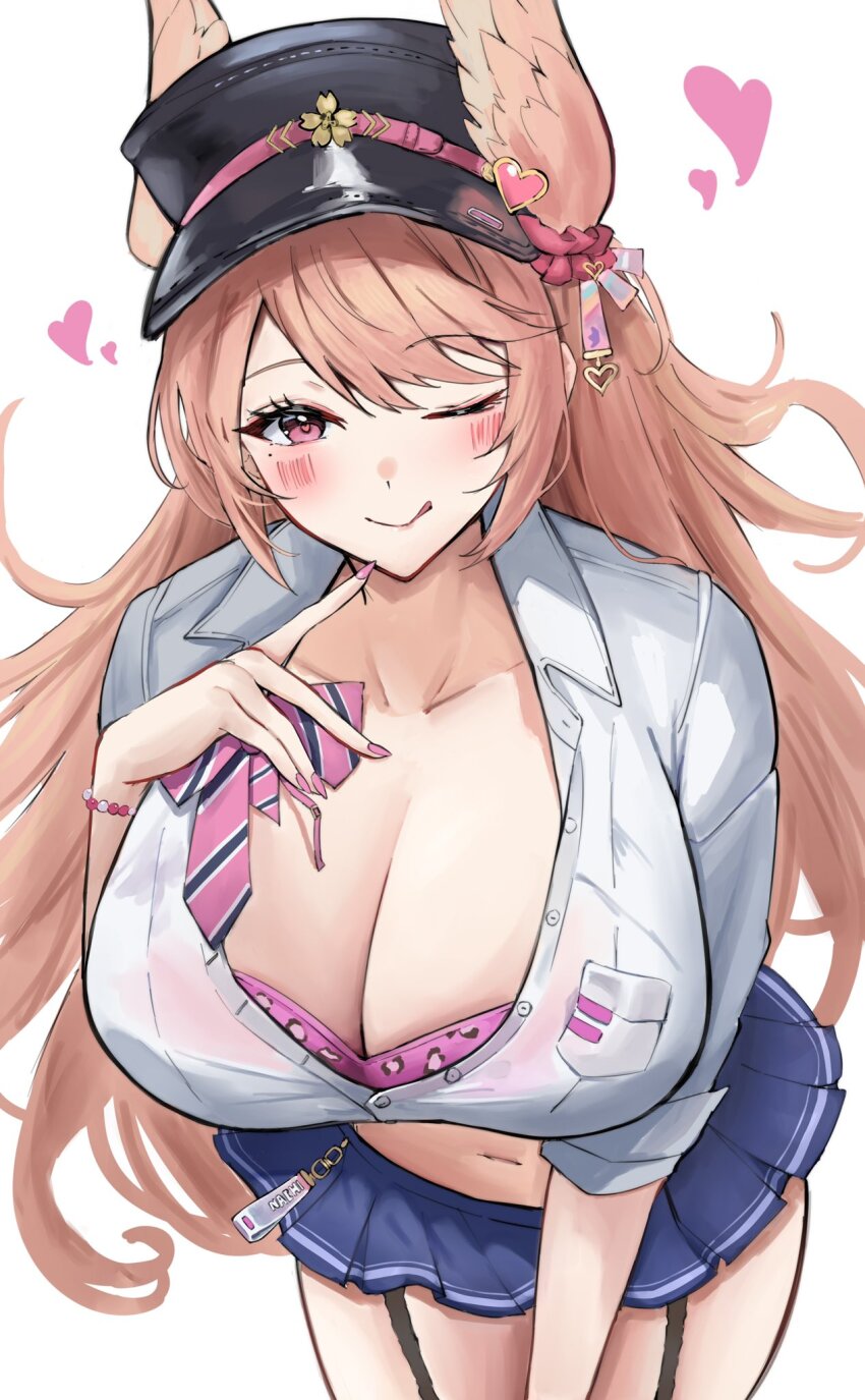 1girl amesuku_gyaru azur_lane black_garter_straps black_hat blue_skirt bow bowtie bra bra_peek breasts character_name cleavage collarbone collared_shirt garter_straps gyaru hat heart highres kogal long_hair looking_at_viewer miniskirt mole mole_under_eye nachi_(azur_lane) nachi_(retrofit)_(azur_lane) nail_polish one_eye_closed orange_hair partially_unbuttoned peaked_cap pink_bra pink_eyes pink_nails pleated_skirt print_bra sakura_empire_(emblem) shirt simple_background skirt solo soul_(dp11) striped_bow striped_bowtie striped_clothes underwear unworn_bowtie very_long_hair white_background white_shirt