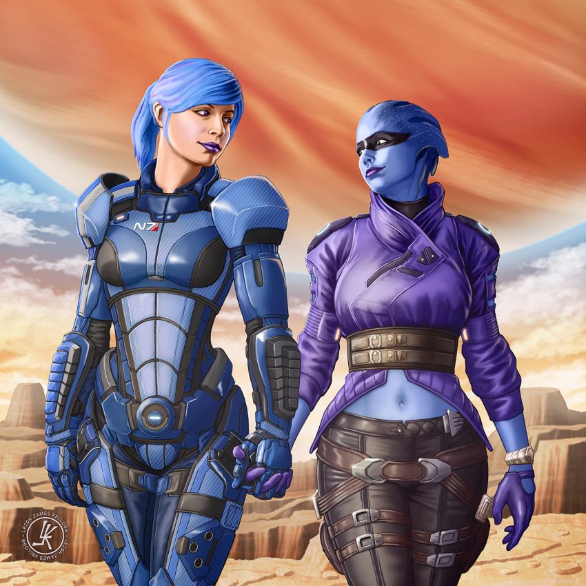 2girls alien armor artist_name asari_(mass_effect) black_pants blue_armor blue_hair blue_skin colored_skin gloves green_eyes highres holding_hands jacket leighkellogg looking_at_another mass_effect:_andromeda mass_effect_(series) midriff multiple_girls navel pants pelessaria_b&#039;sayle ponytail purple_eyes purple_gloves purple_jacket purple_lips science_fiction space watch wristwatch