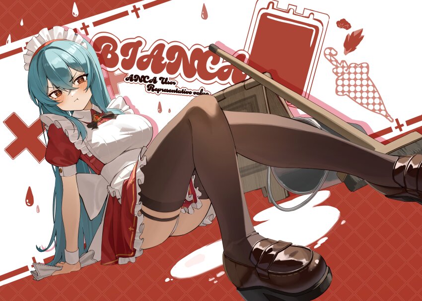 1girl absurdres apron bianca_(black_survival) black_survival black_thighhighs breasts english_text eternal_return:_black_survival green_hair highres iiyo125 large_breasts long_hair maid maid_apron maid_headdress panties red_background red_eyes solo thighhighs thighs two-tone_background underwear white_apron white_background white_headdress white_panties