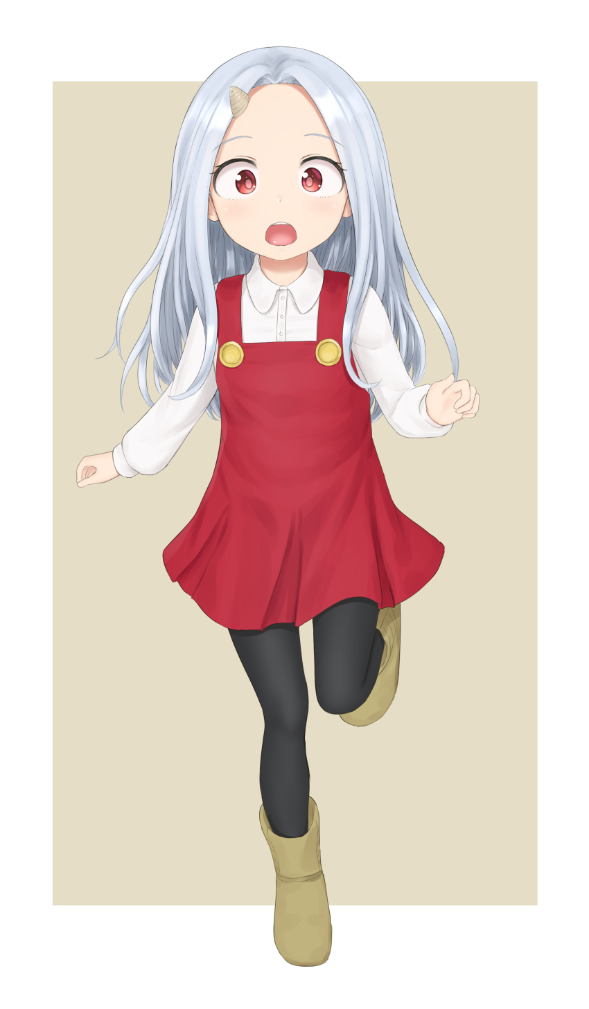absurdres black_pants blush boku_no_hero_academia boots button child collar dress eri_(boku_no_hero_academia) grey_background grey_hair highres horns leg_up long_hair long_sleeves open_mouth pants red_dress red_eyes running sc_naru shirt single_horn white_shirt