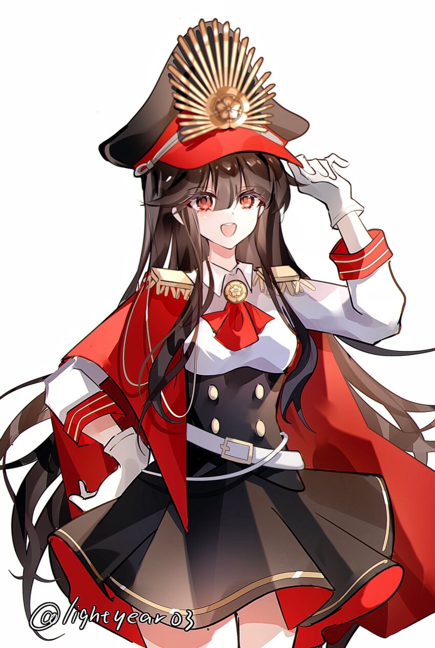 1girl belt black_hair black_skirt cape crest family_crest fate/grand_order fate_(series) gloves hat highres koha-ace long_hair oda_nobunaga_(fate) oda_nobunaga_(koha-ace) oda_uri red_cape red_eyes shirt simple_background skirt solo thighs very_long_hair white_background white_belt white_gloves white_shirt xixing_chun