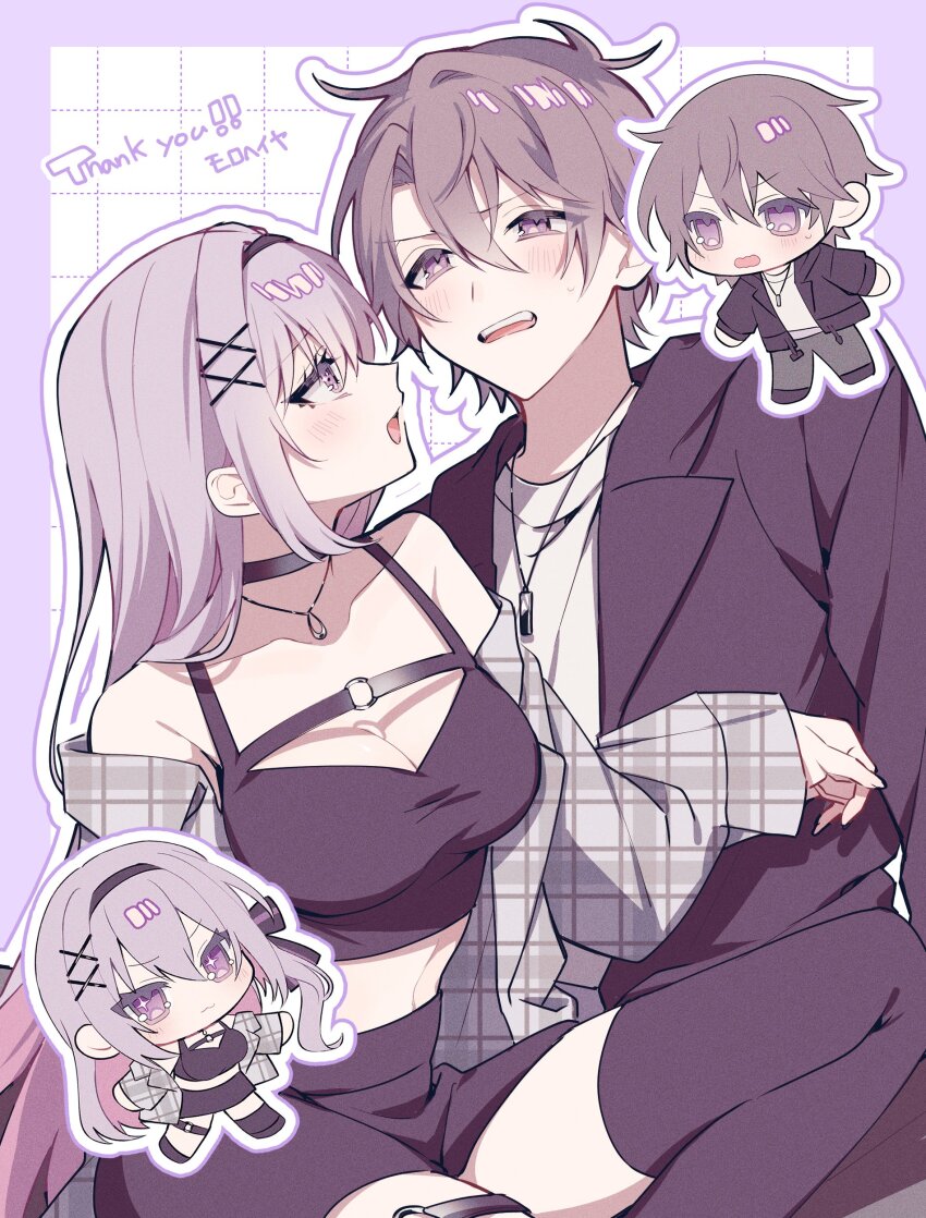 1boy 1girl absurdres black_choker black_hairband black_jacket black_skirt black_thighhighs blush breasts brown_hair chibi chibi_inset choker cleavage commission crop_top hair_ornament hairband hetero highres jacket jewelry long_hair looking_at_another necklace open_mouth original purple_background purple_eyes purple_hair shirt skeb_commission skirt thighhighs tznb_last unmoving_pattern virtual_youtuber x_hair_ornament