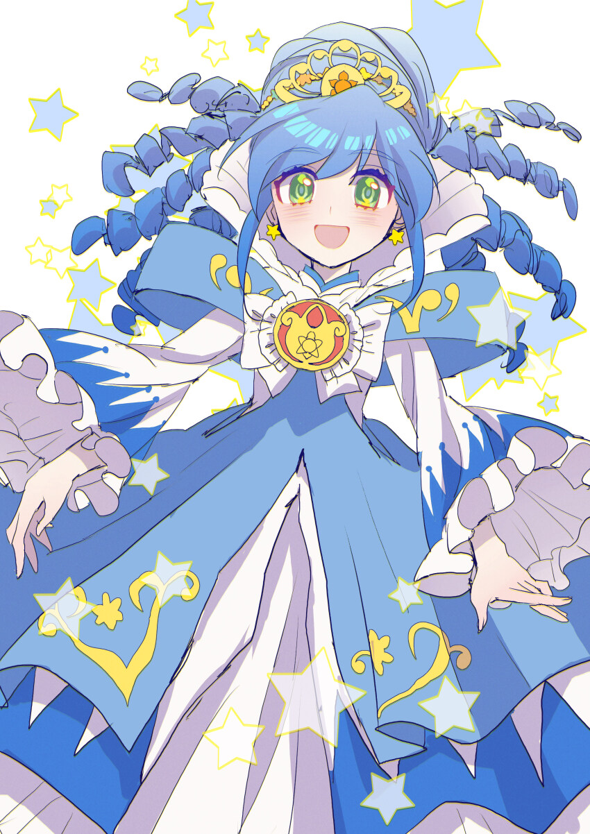 1girl absurdres blue_dress blue_hair bow bowtie brooch dot_nose dress drill_hair earrings eyelashes feet_out_of_frame floating_clothes floating_hair frilled_sleeves frills fushigiboshi_no_futago_hime gown green_eyes green_pupils hair_bun half_updo highres jewelry light_blush long_dress long_hair long_sleeves magical_girl open_mouth princess rein_(futagohime) rein_(prominence_dress_up)_(futagohime) shocho_(shaojiujiu) single_hair_bun smile solo star_(symbol) star_earrings star_symbol_background tiara white_background white_bow white_bowtie white_sleeves yellow_tiara