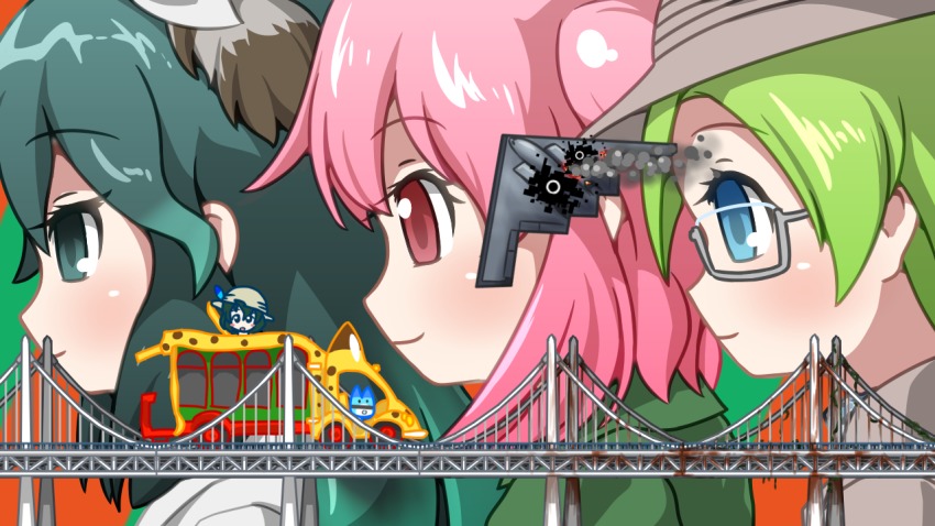 10s 4girls aircraft airplane b-2_spirit bad_id bad_nicoseiga_id black_eyes black_hair blue_eyes bomber bridge bucket_hat cellien_(kemono_friends) flying_wing from_side glasses gradient_hair green_hair hat hat_feather heavy_bomber japari_bus kaban_(kemono_friends) kako_(kemono_friends) kemono_friends long_hair lucky_beast_(kemono_friends) military military_vehicle mirai_(kemono_friends) multicolored_hair multiple_girls nana_(kemono_friends) parody penetrator_(aircraft) pink_eyes pink_hair rust smoke stealth stealth_aircraft stealth_bomber strategic_bomber vostok_(vostok061)