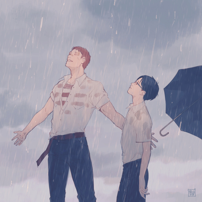 2boys bandaid bandaid_on_face bandaid_on_forehead bandaid_on_nose baoshankaro black_hair black_pants black_umbrella blonde_hair cloud cloudy_sky cross_scar facial_scar facing_up from_side glasses height_difference highres kawabuchi_sentarou looking_up male_focus multiple_boys nishimi_kaoru outdoors outstretched_arms overcast pants rain sakamichi_no_apollon scar scar_on_cheek scar_on_face see-through_clothes see-through_shirt short_hair sky smile umbrella wet