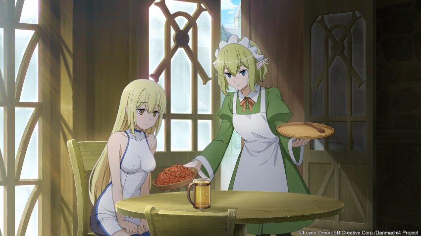 2girls aiz_wallenstein apron artist_request blonde_hair blush chair dress dungeon_ni_deai_wo_motomeru_no_wa_machigatteiru_darou_ka elf food green_dress highres long_sleeves multiple_girls official_art pasta pointy_ears ryu_lion sitting spaghetti table tavern tray white_apron white_dress