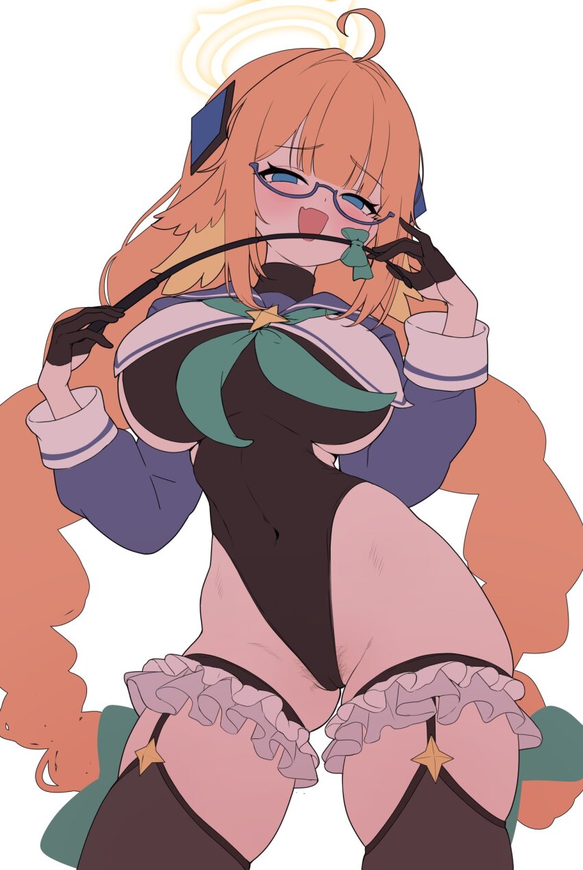 1girl ahoge black_gloves black_leotard blue_archive blue_shrug braid braided_twintails breasts covered_navel feather_hair feathers female_pubic_hair frills glasses gloves half_gloves halo highres holding holding_riding_crop large_breasts leotard looking_at_viewer low_twin_braids orange_hair pubic_hair pubic_hair_peek riding_crop shimiko_(blue_archive) shimiko_(magical)_(blue_archive) shrug_(clothing) sketch smile solo tansui_san_(tcjp4784) twin_braids yellow_feathers yellow_halo