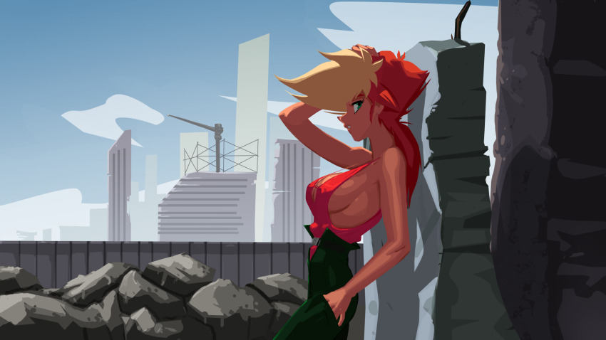 1girl arm_behind_head blonde_hair breasts commentary dark-skinned_female dark_skin dirty_pair dirty_pair_flash colored_bangs english_commentary from_side green_eyes hand_in_pocket highres kei_(dirty_pair_flash) looking_at_viewer medium_breasts morganagod multicolored_hair red_hair short_hair sideboob solo