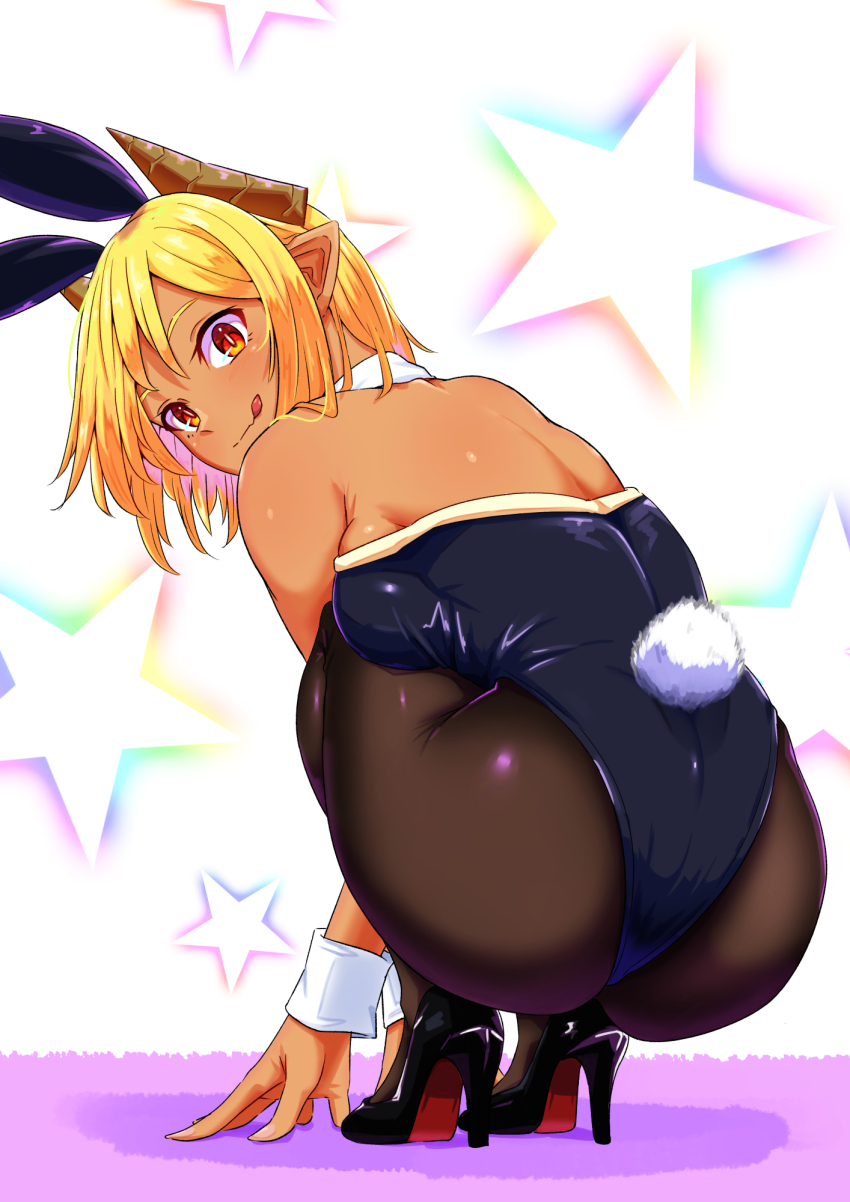 :d animal_ears backboob black_shoes blonde_hair breasts brown_pantyhose closed_mouth collar commentary_request demon_girl demon_horns fake_animal_ears fake_tail from_behind hands_on_ground high_heels highres horns leotard looking_at_viewer looking_back neko_040 open_mouth original pantyhose parted_bangs playboy_bunny pointy_ears purple_background rabbit_ears rabbit_tail red_eyes shoes short_hair simple_background smile smirk squatting star_(symbol) star_symbol_background strapless strapless_leotard tail tongue tongue_out turning_head white_background white_collar white_trim white_wrist_cuffs wrist_cuffs
