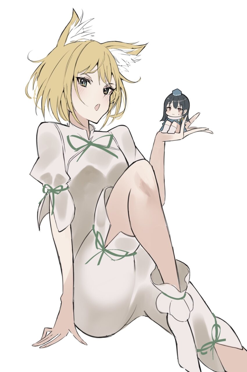 2girls animal_ear_fluff animal_ears black_hair blonde_hair blue_dress blue_hat closed_mouth dress eyelashes foot_out_of_frame fox_ears frilled_anklet green_ribbon hat highres holding holding_mini_person iizunamaru_megumu knee_up kudamaki_tsukasa light_blush long_hair long_sleeves looking_at_viewer mini_person minigirl multiple_girls neck_ribbon open_mouth orange_eyes po_(anhk5528) puffy_short_sleeves puffy_sleeves ribbon ribbon-trimmed_headwear ribbon_trim scarf short_dress short_hair short_sleeves simple_background sitting size_difference sleeve_ribbon socks sweatdrop tokin_hat touhou tsurime white_background white_romper white_scarf white_socks yellow_eyes