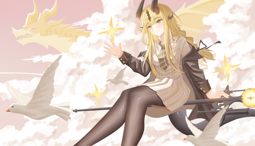 1girl absurdres airtair arknights bird black_jacket black_pantyhose blonde_hair braid brown_horns closed_mouth cloud cloudy_sky dove dragon_girl dragon_horns feet_out_of_frame green_eyes highres horns jacket long_hair long_sleeves looking_at_viewer multiple_horns necktie no_headwear off_shoulder official_alternate_costume on_weapon open_clothes open_jacket outdoors pantyhose reed_(arknights) reed_the_flame_shadow_(arknights) reed_the_flame_shadow_(curator)_(arknights) shirt sky smile solo striped_necktie tail white_shirt wide_shot