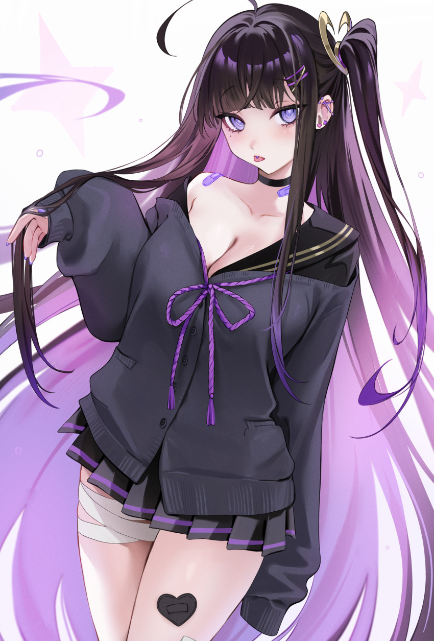 1girl ahoge bandaged_leg bandages bandaid bandaid_on_neck bandaid_on_shoulder bandaid_on_thigh barbell_piercing black_cardigan black_choker black_hair black_sailor_collar black_serafuku black_skirt blush breasts cardigan chitose_(stella_sora) choker cleavage collarbone colored_inner_hair commentary ear_piercing fingernails hair_ornament hairclip highres industrial_piercing large_breasts long_hair long_sleeves looking_at_viewer mole mole_under_eye multicolored_hair nail_polish ompf one_side_up piercing pink_hair pleated_skirt purple_eyes purple_nails sailor_collar school_uniform serafuku single_bare_shoulder single_sleeve_past_fingers skirt sleeves_past_wrists solo star_(symbol) stella_sora thighs tongue tongue_out tongue_piercing two-tone_hair white_background