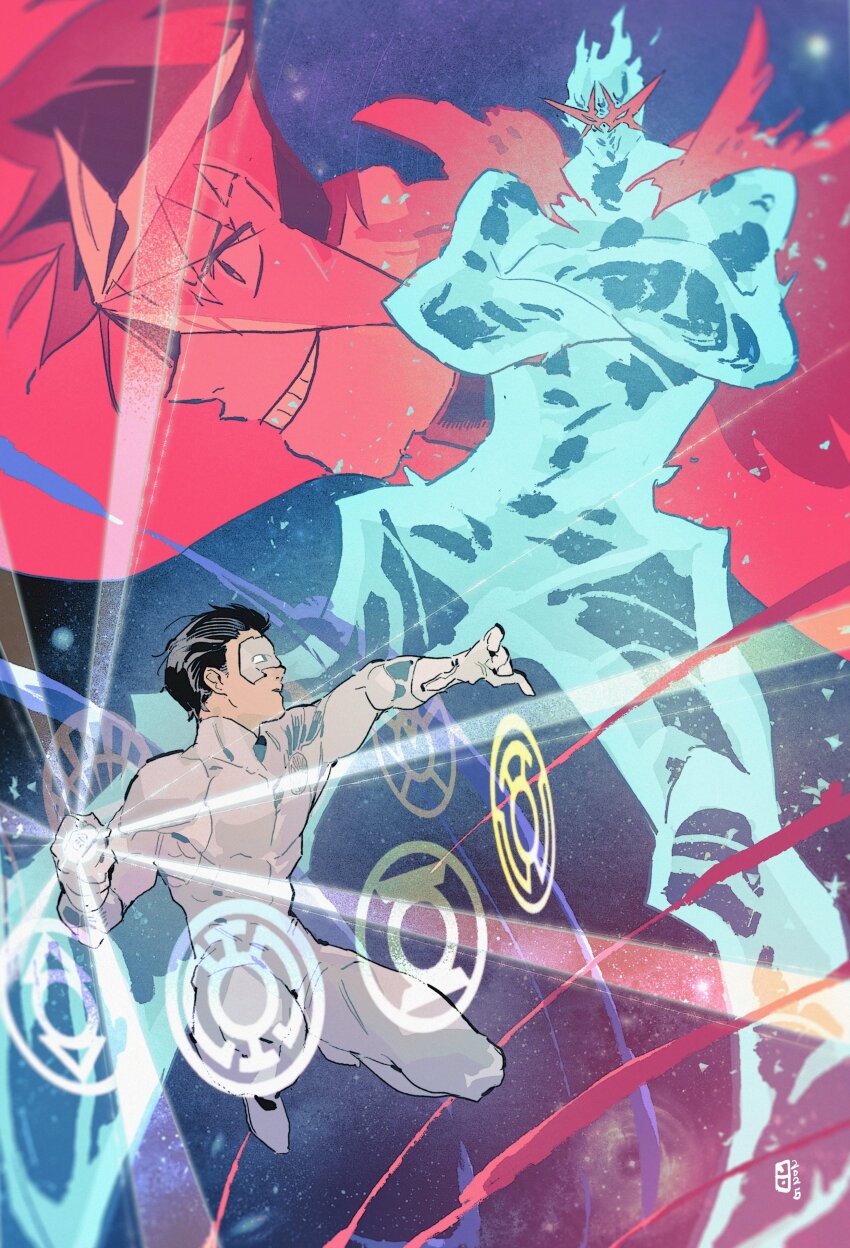 absurdres core_drill crossover dc_comics drill fighting_stance goggles goggles_on_head green_lantern green_lantern_(series) highres kamina_pose mecha pointing pointing_up power_ring_(green_lantern) robot simon_(ttgl) simon_shades space spiral_power steelscarlet tengen_toppa_gurren_lagann triangular_eyewear