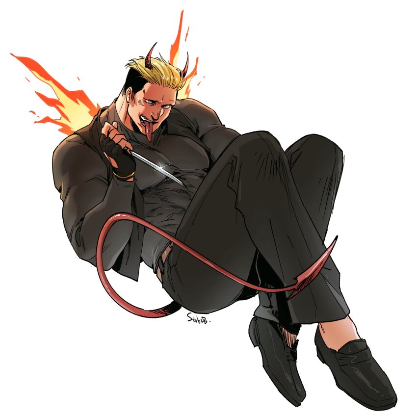 1boy arm_up bara black_gloves black_pants black_shirt black_shoes crossed_legs demon_horns demon_tail fiery_wings fingerless_gloves fire full_body glove_cutout gloves hair_slicked_back highres holding holding_knife holding_weapon horns knife loafers long_sleeves looking_at_viewer male_focus multicolored_hair open_mouth pants shirt shoes simple_background skin_tight solo strbrb789 tail teeth the_king_of_fighters tongue tongue_out twitter_username two-tone_hair weapon white_background wings yamazaki_ryuuji