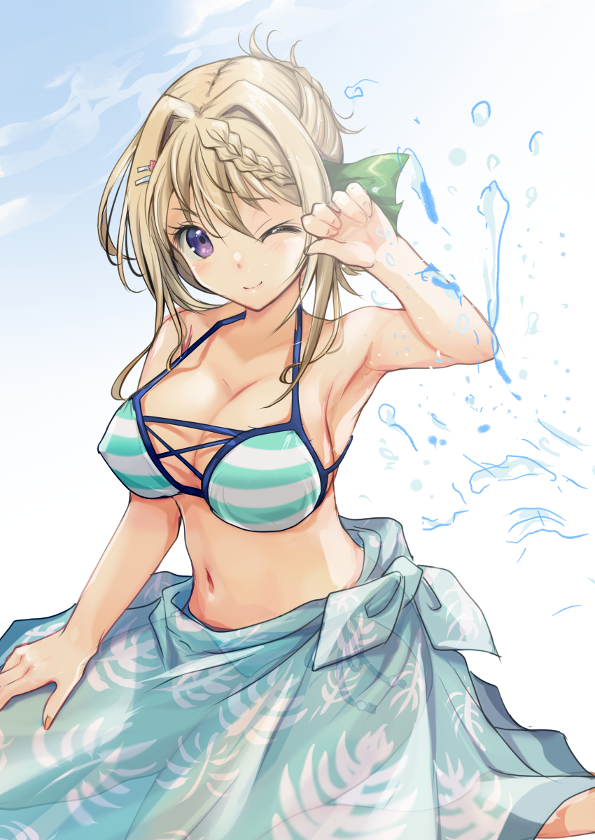 1girl absurdres bikini blonde_hair blue_sarong braid braided_bangs breasts cleavage hair_intakes highres kantai_collection large_breasts leaf_print one_eye_closed perth_(kancolle) perth_(swimsuit)_(kancolle) purple_eyes sarong short_hair solo striped_bikini striped_clothes swimsuit water yashin_(yasinz)