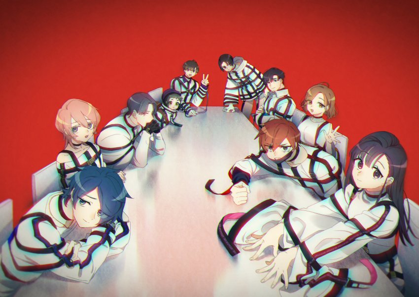 5boys 5girls absurdres akka angry backpack bag black_hair blue_eyes blue_hair brown_eyes brown_hair chromatic_aberration colored_tips crossed_arms green_eyes grey_eyes group_picture hair_over_one_eye head_rest highres jacket kajiyama_fuuta kashiki_yuno kayano_mikoto kirisaki_shidou kusunoki_muu long_hair long_sleeves mask milgram momose_amane mouth_mask mukuhara_kazui multicolored_hair multiple_boys multiple_girls multiple_straps pink_eyes pink_hair red_background red_eyes red_hair restraints sakurai_haruka_(milgram) shiina_mahiru_(milgram) short_hair shorts sitting smile standing straight_hair straitjacket surgical_mask table two-tone_hair v waving wavy_hair yuzuriha_kotoko