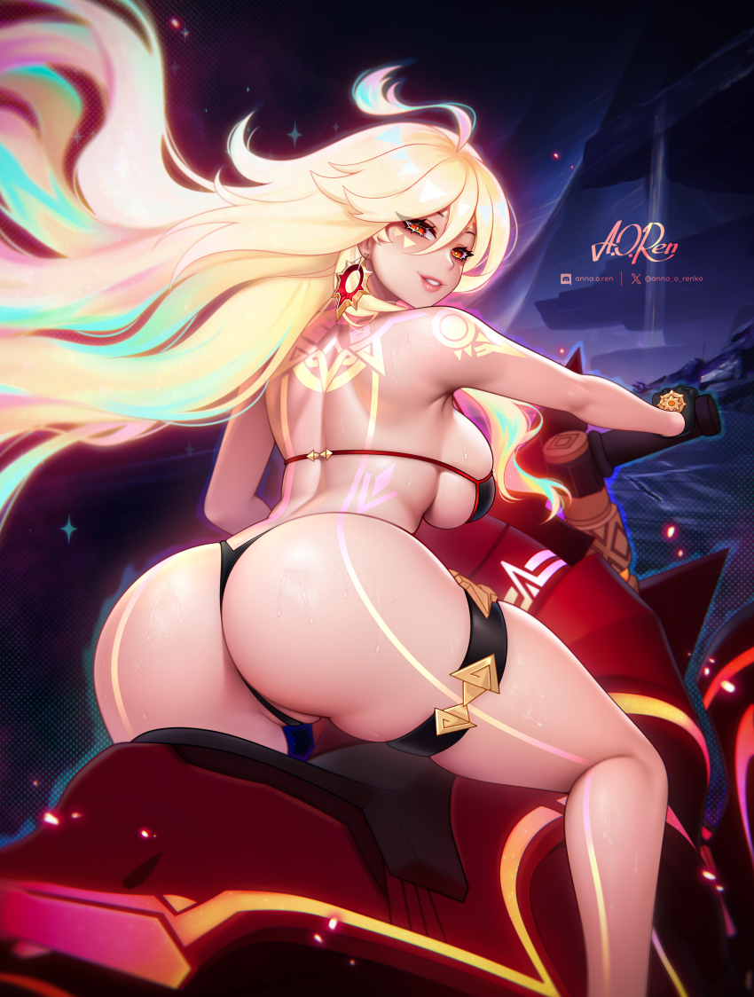 1girl absurdres anna_o_renko bikini breasts earrings flamestrider_(genshin_impact) genshin_impact highres jewelry long_hair looking_at_viewer mavuika_(genshin_impact) motor_vehicle motorcycle multicolored_hair official_alternate_hair_color on_motorcycle orange_eyes partially_visible_vulva smile solo swimsuit symbol_in_eye thong_bikini very_long_hair