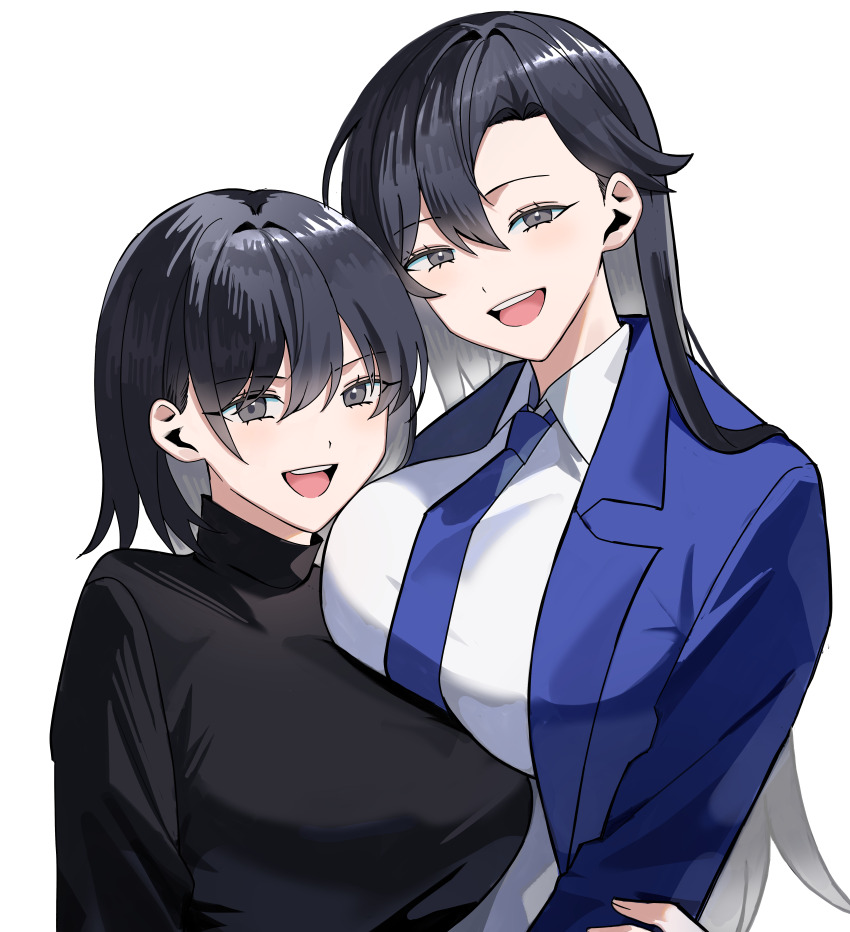 2girls :d absurdres black_hair black_shirt blue_jacket blue_necktie breasts colored_inner_hair genderswap genderswap_(mtf) grey_eyes grey_hair highres jacket kasuga_kaya large_breasts long_hair long_sleeves lookism multicolored_hair multiple_girls necktie open_mouth shirt short_hair simple_background smile very_long_hair white_background
