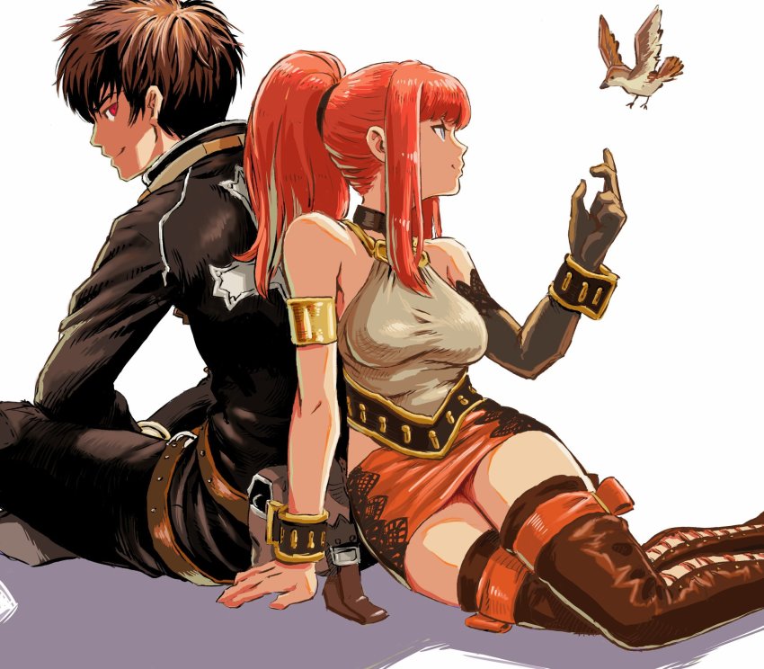 1boy 1girl animal arm_support armlet asymmetrical_gloves back-to-back bare_shoulders bird blue_eyes boots bracelet brown_hair choker closed_mouth elbow_gloves gloves hand_up high_ponytail highres jacket jewelry karin_koenig long_hair long_sleeves looking_at_another microskirt pants ponytail red_hair shadow_hearts shadow_hearts_ii shirt short_hair simple_background single_glove sitting skirt sleeveless smile thigh_boots thighhighs ume_(yume_uta_da) uneven_gloves white_background yuri_hyuga zettai_ryouiki