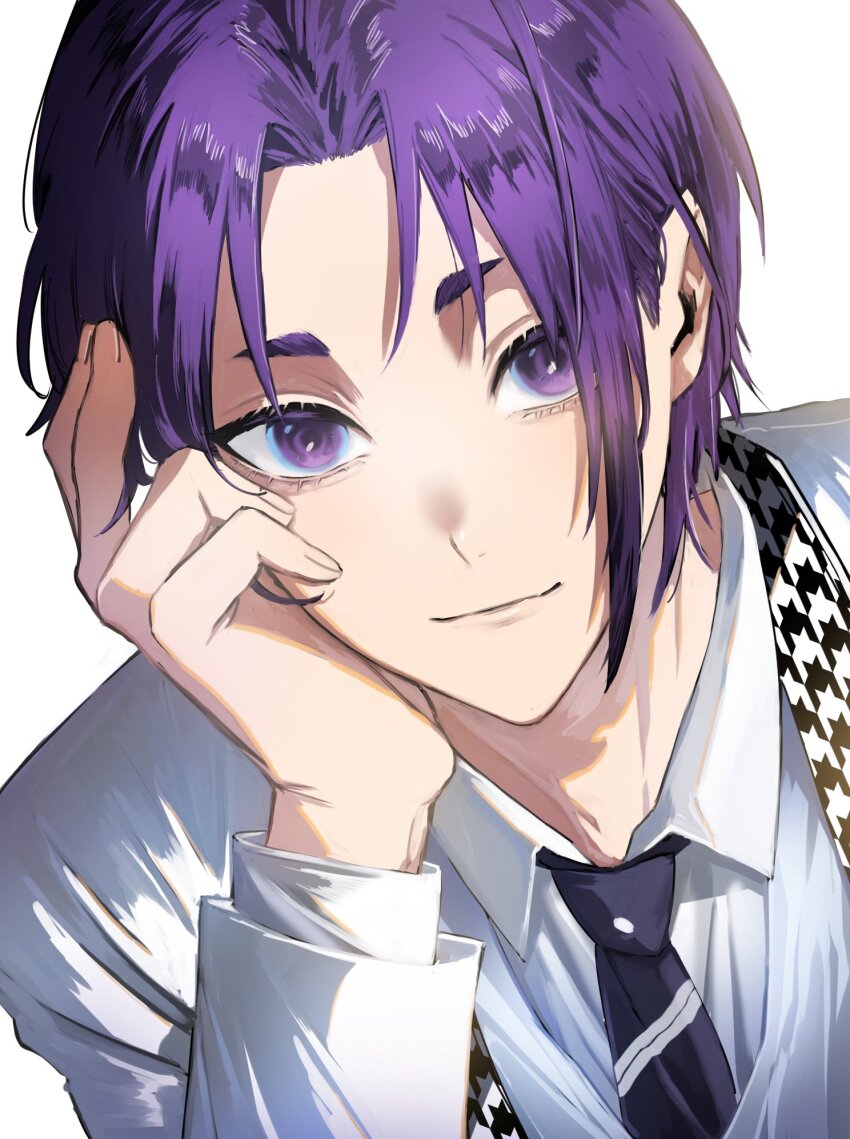 1boy black_necktie blue_lock closed_mouth collared_shirt hand_up head_rest highres jacket long_sleeves male_focus mikage_reo naka_(58hrprtr) necktie purple_eyes purple_hair school_uniform shirt short_eyebrows short_hair simple_background solo upper_body white_background white_jacket white_shirt