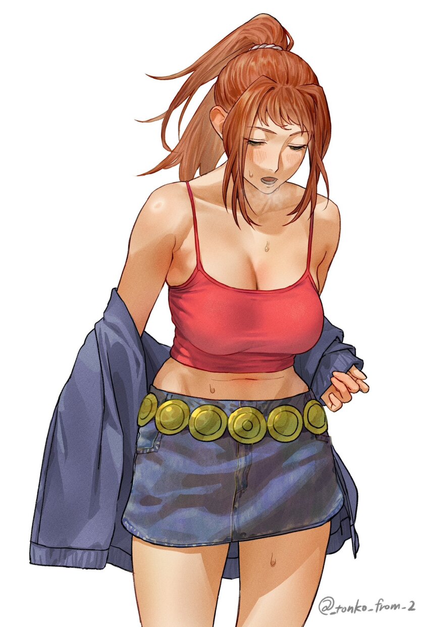 1girl bare_shoulders belt blue_jacket blush breasts camisole cleavage commentary_request cowboy_shot denim denim_skirt high_ponytail highres jacket large_breasts long_hair looking_down midriff miniskirt my-hime navel off_shoulder open_mouth orange_hair ponytail red_camisole scrunchie sidelocks skirt sleeves_past_wrists solo standing sugiura_midori sweat tonko_from twitter_username white_background white_scrunchie yellow_belt