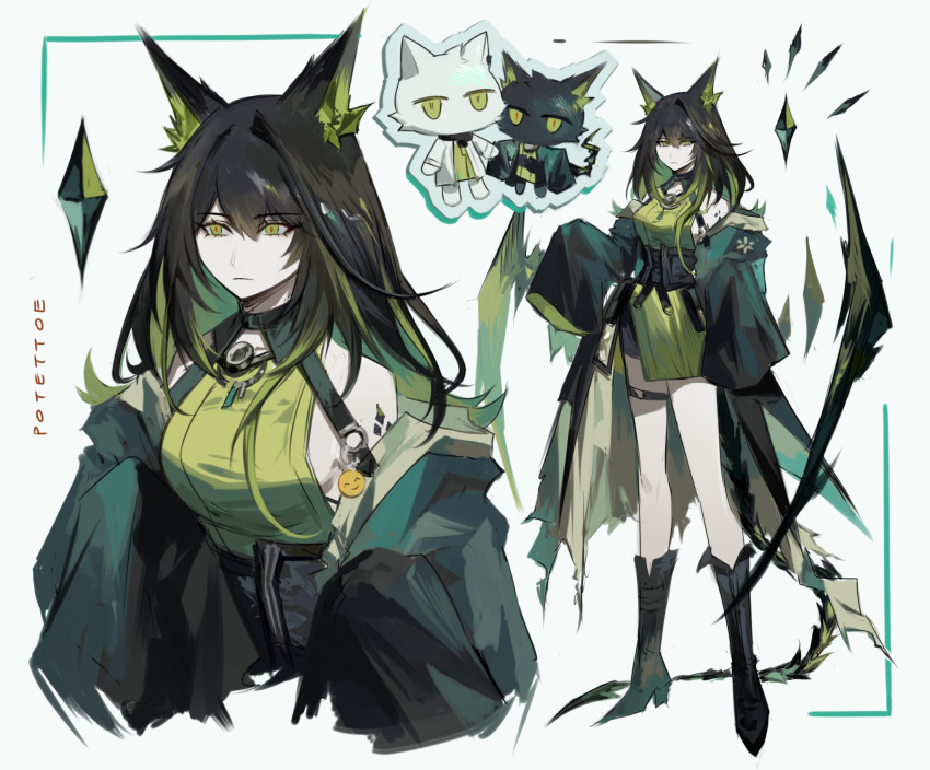 2girls animal_ears animalization arknights artist_name black_boots black_coat boots breasts cat_ears cat_girl chibi chibi_inset coat commentary dress green_dress green_eyes hair_between_eyes high_heel_boots high_heels highres holding_hands kal&#039;tsit_(arknights) knee_boots lab_coat material_growth medium_breasts medium_hair mon3tr_(arknights) multiple_girls multiple_views open_clothes open_coat oripathy_lesion_(arknights) potettoe sleeveless sleeveless_dress sleeves_past_fingers sleeves_past_wrists tail white_background