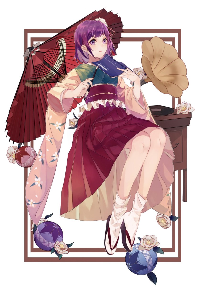 1girl blush book commentary expressionless flower full_body geta green_kimono hair_flower hair_ornament hakama hieda_no_akyuu highres holding holding_book holding_brush houraisan_chouko japanese_clothes kimono knees_up leaf lips long_sleeves looking_at_viewer obi open_book orb phonograph purple_eyes purple_hair red_hakama sash short_hair sideways_glance socks solo tabi touhou umbrella white_flower white_socks wide_sleeves yellow_sleeves