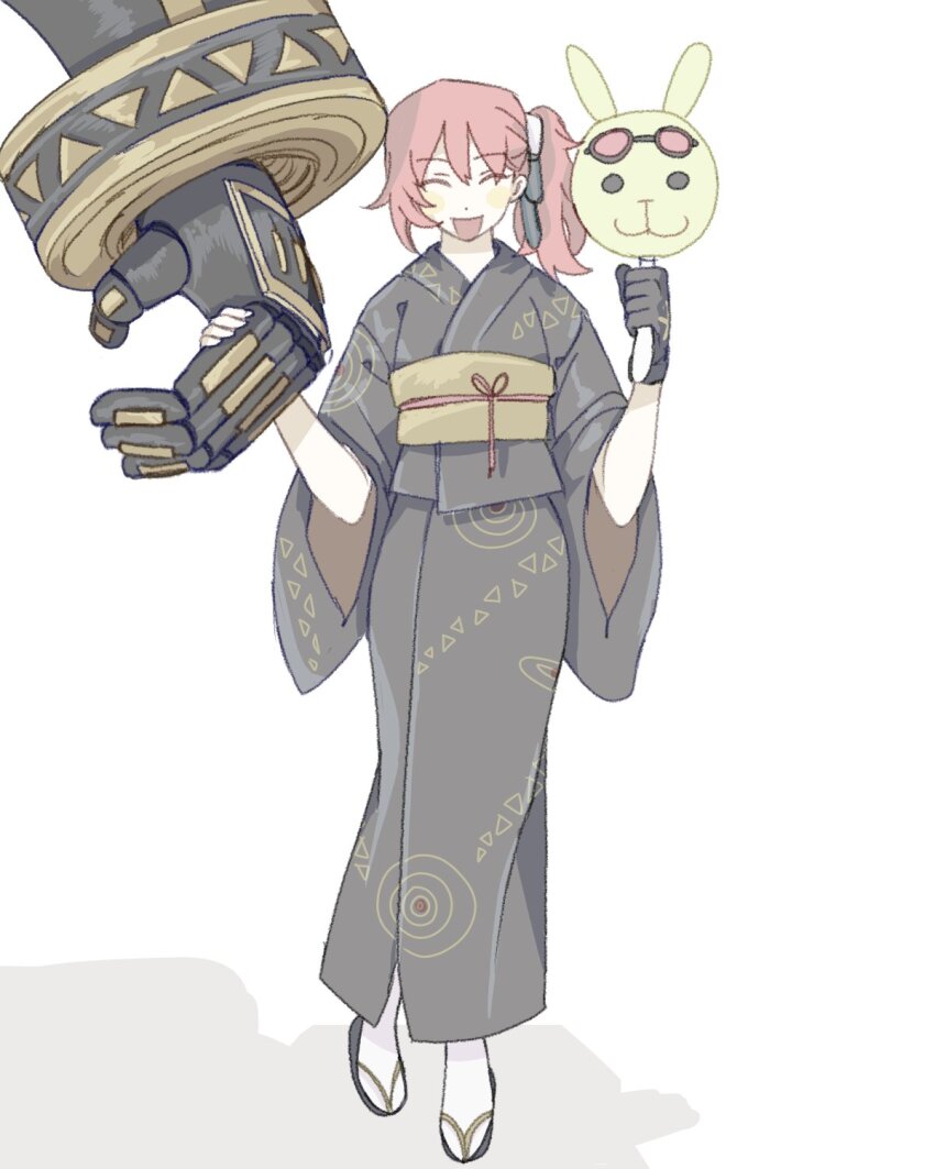 1girl aiba_ami alphamon alternate_costume black_kimono closed_eyes dailyewdream digimon digimon_story:_cyber_sleuth full_body goggles goggles_on_head highres japanese_clothes kimono long_hair red_hair side_ponytail simple_background solo_focus white_background