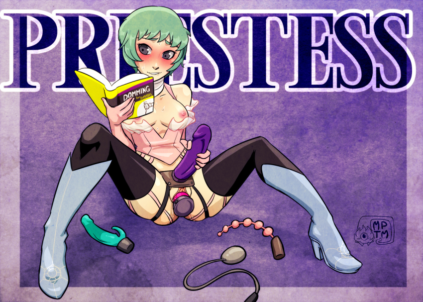 1girl anal_beads aqua_hair atlus blush book boots breasts card_(medium) commentary_request dildo female_focus for_dummies full_body high_heels medium_breasts megami_tensei my_pet_tentacle_monster nipples no_panties object_insertion open_book parody parted_lips persona persona_3 priestess_(tarot_card) purple_background pussy_juice reading sex_toy shin_megami_tensei short_hair simple_background sitting solo spread_legs strap-on sweat tarot tarot_(medium) text_focus the_high_priestess_(tarot) thighhighs uncensored underwear vaginal vaginal_object_insertion watermark yamagishi_fuuka