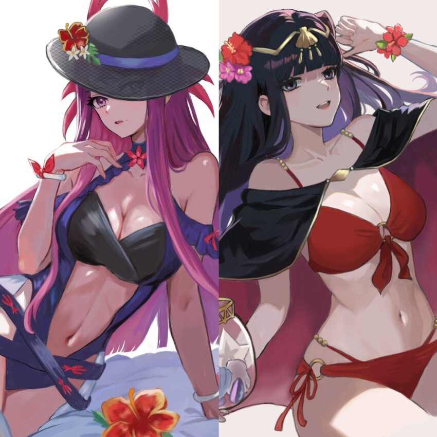2girls bikini black_hat blue_one-piece_swimsuit bracelet casual_one-piece_swimsuit clothing_cutout dress_swimsuit fire_emblem fire_emblem_awakening fire_emblem_engage fire_emblem_heroes flower flower_bracelet flower_umbrella hat highres ivy_(fire_emblem) ivy_(summer)_(fire_emblem) jewelry mole mole_on_cheek mole_under_mouth multiple_girls nintendo official_alternate_costume one-piece_swimsuit plumeria red_bikini stomach_cutout swimsuit tharja_(fire_emblem) tharja_(summer)_(fire_emblem) tropical_drink umbrella umbrella_flower yuurururun