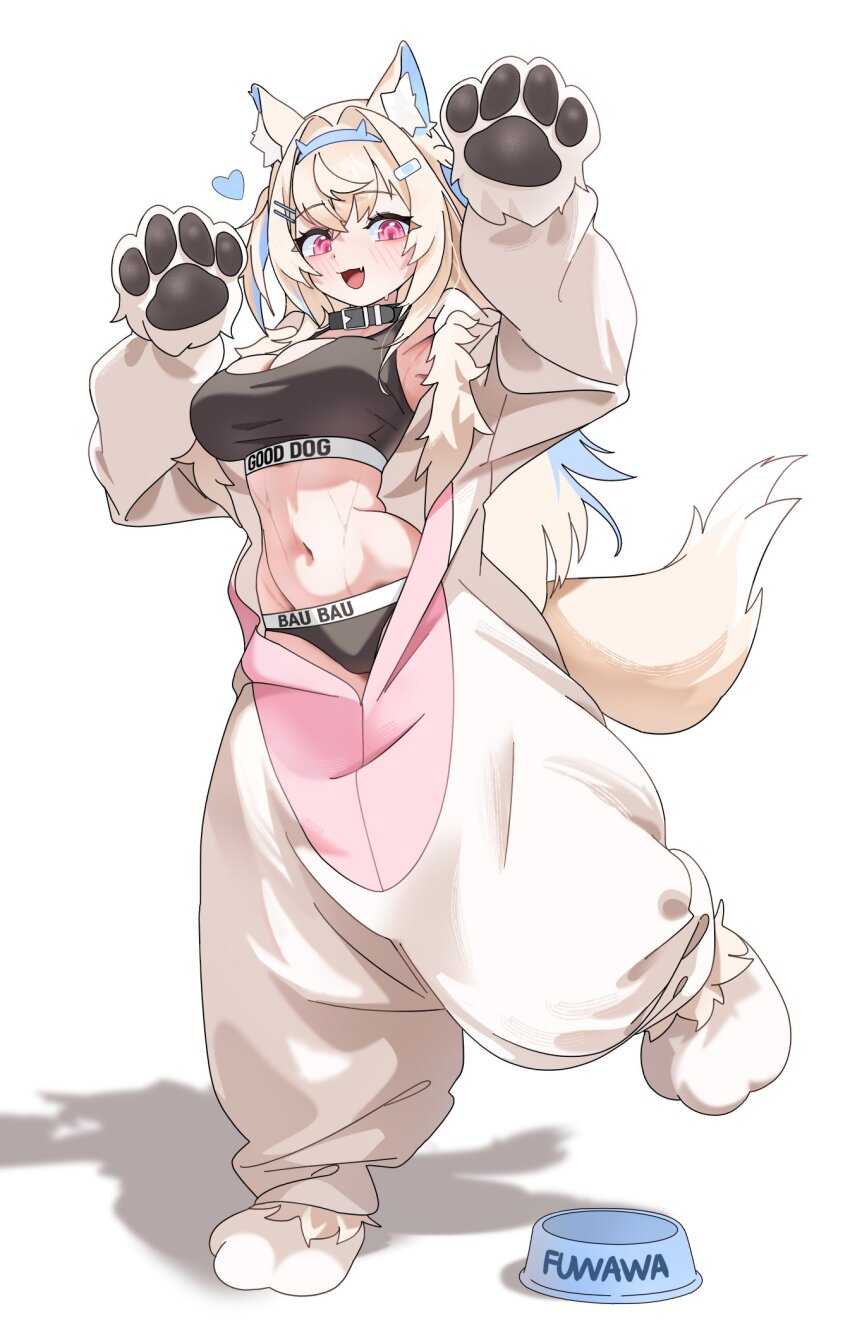 1girl alternate_costume animal_costume animal_ear_fluff animal_ears animal_hands black_panties black_sports_bra blonde_hair blue_hair blue_hairband bowl breasts collar dog_costume dog_ears dog_girl dog_tail fuwawa_abyssgard gloves gurumie hairband heart highres hololive hololive_english horn_hairband large_breasts multicolored_hair navel open_mouth panties paw_gloves pet_bowl pink_eyes shadow simple_background solo sports_bra sports_panties standing standing_on_one_leg streaked_hair tail underwear virtual_youtuber white_background