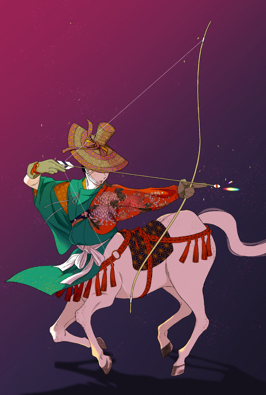 1other absurdres amigasa androgynous archery arrow_(projectile) asa_no_ha_(pattern) asymmetrical_gloves bow_(weapon) centaur check_clothing clothing_cutout clothing_request covered_eyes drawing_bow floral_print gloves gradient_background hat highres holding holding_arrow holding_bow_(weapon) holding_weapon japanese_clothes kariginu lipstick makeup mismatched_gloves muneate original purple_background red_lips ribbon saddle shokugyo shoulder_cutout solo straw_hat tassel taur updo weapon wind yumi_(bow)