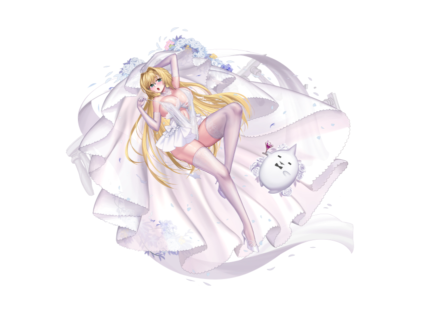 1girl absurdres blonde_hair breasts dress elbow_gloves emden_(warship_girls_r) glasses gloves high_heels highres huge_breasts long_hair onceskylark short_dress thighhighs very_long_hair warship_girls_r white_dress white_gloves white_high_heels white_thighhighs