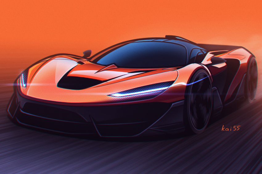 artist_name car glowing kai55 mclaren mclaren_w1 motion_blur motor_vehicle no_humans orange_background orange_car orange_theme original smoke sports_car vehicle_focus