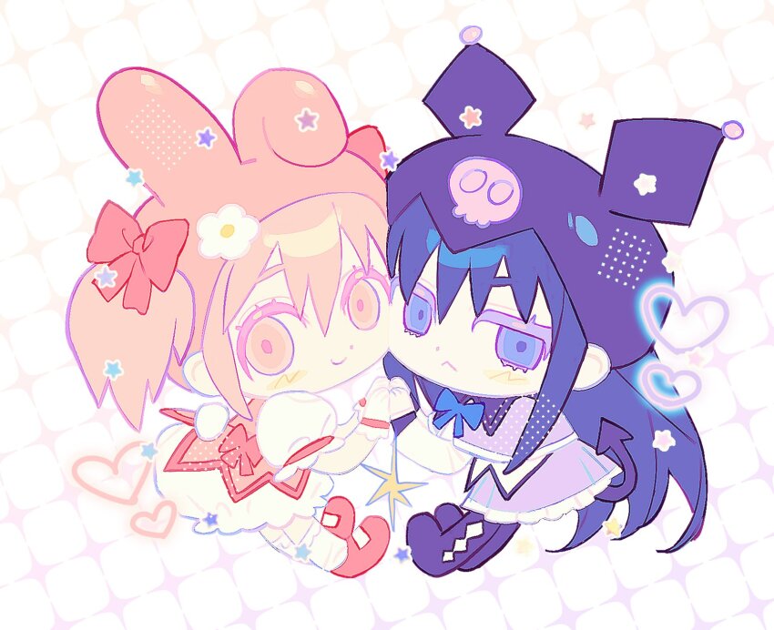 2girls :&lt; akemi_homura akemi_homura_(magical_girl) black_hair boots bow bubble_skirt capelet chibi chibi_only demon_tail dress fake_tail frilled_skirt frills gloves hair_bow highres holding_hands hood hood_up jitome kaname_madoka kaname_madoka_(magical_girl) kuromi laz_(wancchaco) long_hair long_sleeves looking_at_viewer magical_girl mahou_shoujo_madoka_magica mary_janes multiple_girls my_melody pink_dress pink_eyes pink_hair puffy_short_sleeves puffy_sleeves purple_capelet purple_eyes shirt shoes short_hair short_sleeves skirt smile socks tail tareme